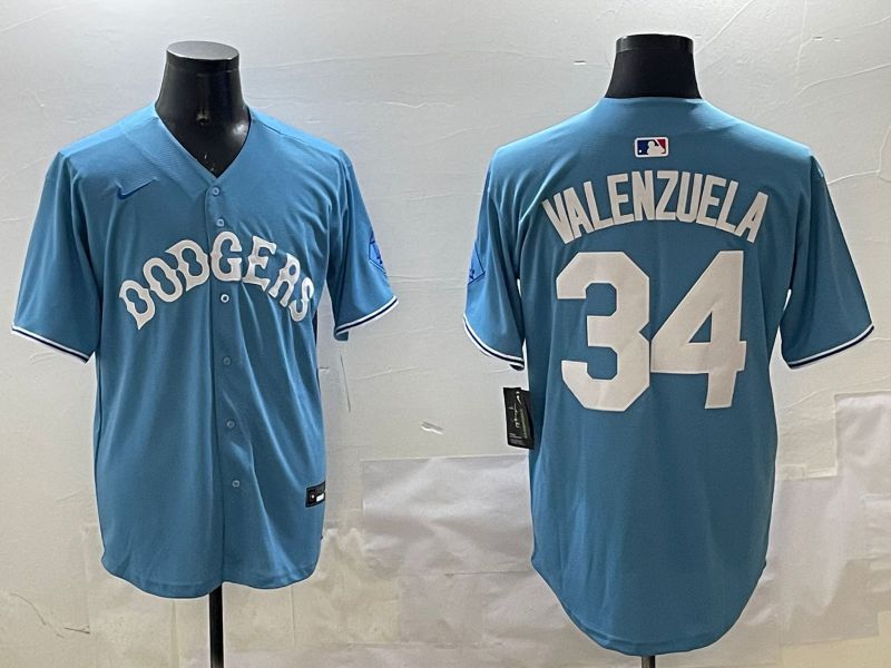 Men Los Angeles Dodgers 34 Valenzuela Light Blue Joint Name 2025 Nike MLB Jersey style 316